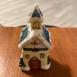 Vintage Porcelain Hinged Box-Church Trinket Box-Brass Hinge Opener-Collectible